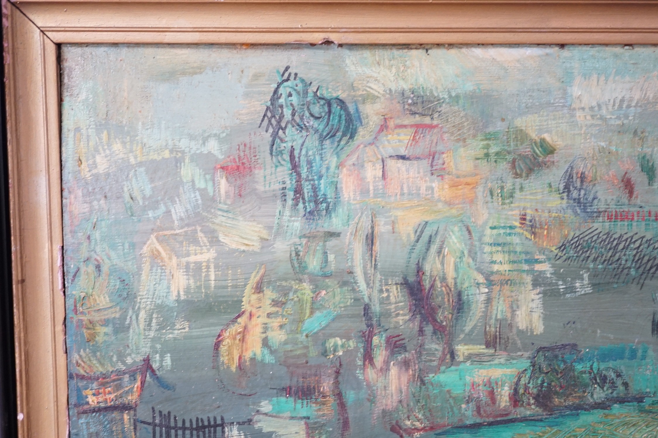 Pinder, oil on board, Figures in a parkland, signed, 30 x 60cm